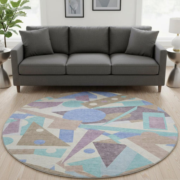 HomeRoots 8' Coffee Purple Teal Geometric Washable Round Rug – Stylish, Durable, UV-Resistant for Active Homes 697395