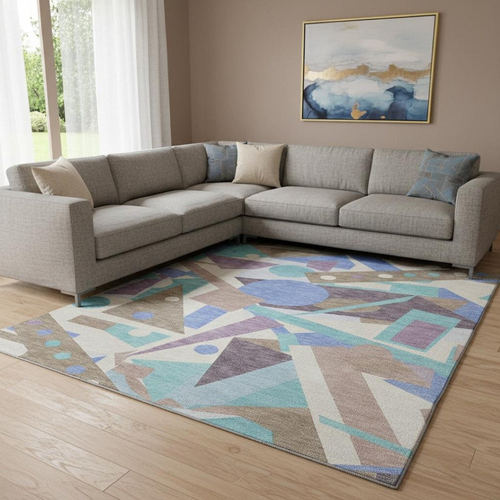 HomeRoots 8' X 10' Stylish Coffee Purple Teal Geometric Washable Area Rug - Durable, Stain-Resistant & UV Safe! 697396