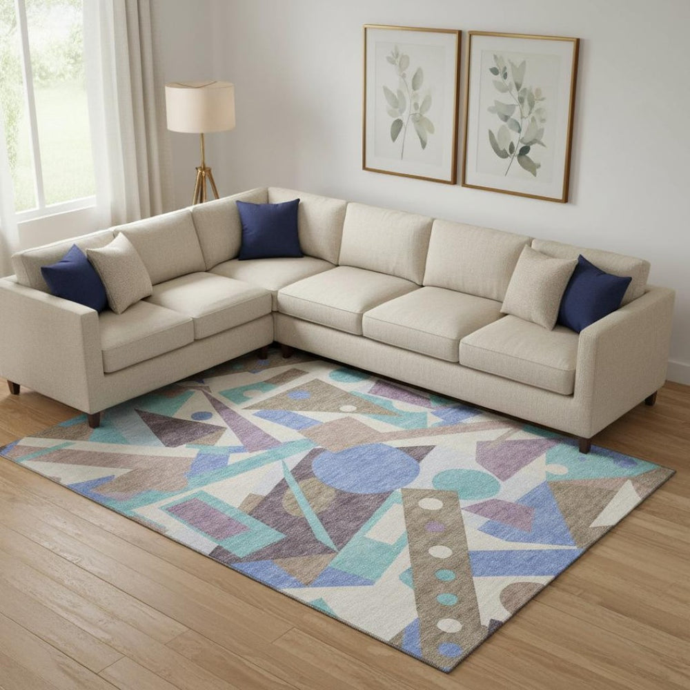 HomeRoots 9' Geometric Coffee, Purple & Teal Area Rug – Washable, UV-Protected, Durable for High-Traffic Homes 697397