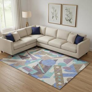 HomeRoots 9' Geometric Coffee, Purple & Teal Area Rug – Washable, UV-Protected, Durable for High-Traffic Homes 697397