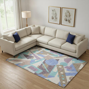 HomeRoots 10' X 14' Coffee Purple Teal Geometric Washable Area Rug - Stylish, Durable, UV Protected Design 697398