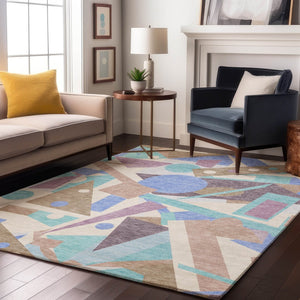 HomeRoots 10' X 14' Coffee Purple Teal Geometric Washable Area Rug - Stylish, Durable, UV Protected Design 697398