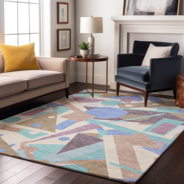 HomeRoots 10' X 14' Coffee Purple Teal Geometric Washable Area Rug - Stylish, Durable, UV Protected Design 697398