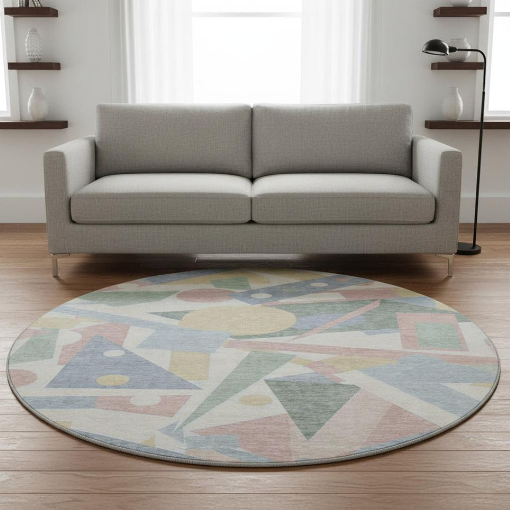 HomeRoots 8' Stylish Sky Blue, Ivory & Blush Geometric Washable Round Rug with UV Protection & Durability 697401
