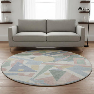 HomeRoots 8' Stylish Sky Blue, Ivory & Blush Geometric Washable Round Rug with UV Protection & Durability 697401