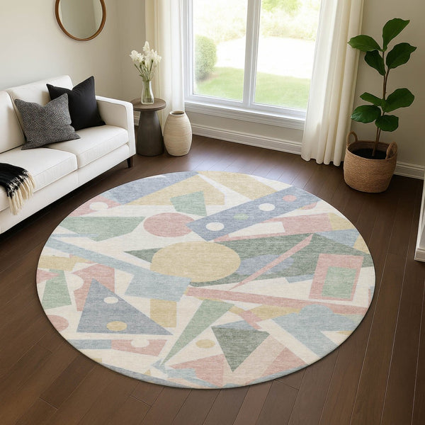 HomeRoots 8' Stylish Sky Blue, Ivory & Blush Geometric Washable Round Rug with UV Protection & Durability 697401