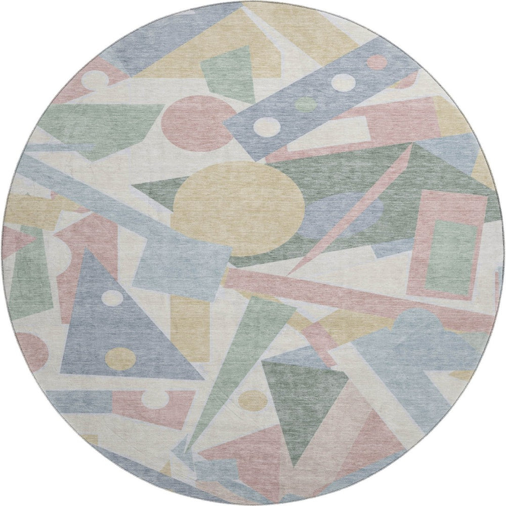 HomeRoots 8' Stylish Sky Blue, Ivory & Blush Geometric Washable Round Rug with UV Protection & Durability 697401