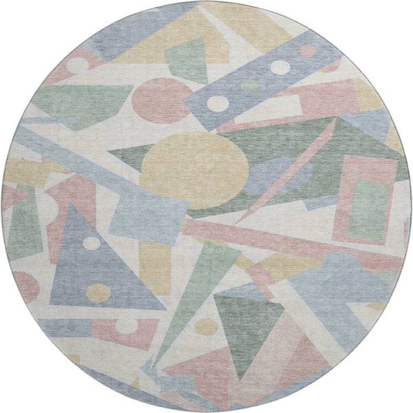 HomeRoots 8' Stylish Sky Blue, Ivory & Blush Geometric Washable Round Rug with UV Protection & Durability 697401