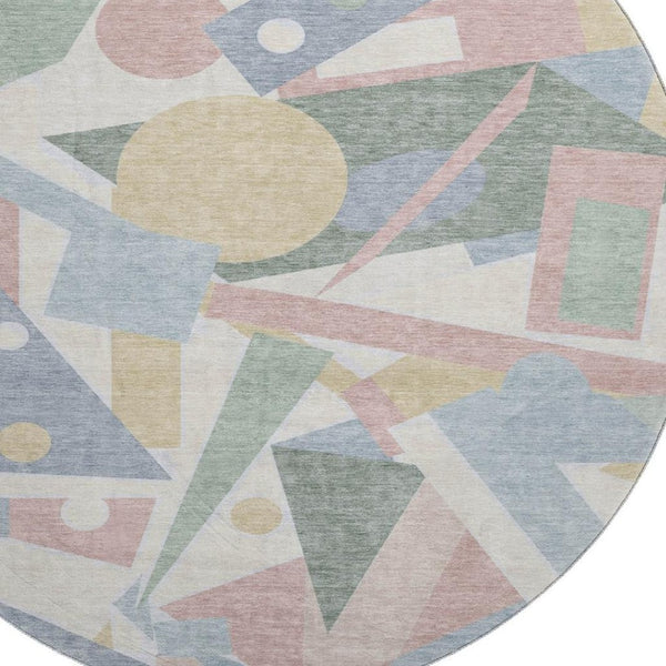 HomeRoots 8' Stylish Sky Blue, Ivory & Blush Geometric Washable Round Rug with UV Protection & Durability 697401