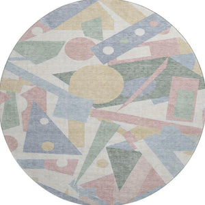 HomeRoots 8' Stylish Sky Blue, Ivory & Blush Geometric Washable Round Rug with UV Protection & Durability 697401