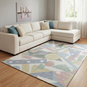 HomeRoots 8' X 10' Stylish Sky Blue, Ivory & Blush Geometric Washable Area Rug with UV Protection & Non-Slip Backing 697402