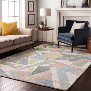 HomeRoots 8' X 10' Stylish Sky Blue, Ivory & Blush Geometric Washable Area Rug with UV Protection & Non-Slip Backing 697402
