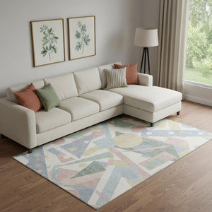 HomeRoots 9' x 12' Sky Blue and Blush Geometric Area Rug - Washable, UV-Protected, Durable & Stylish Design 697403