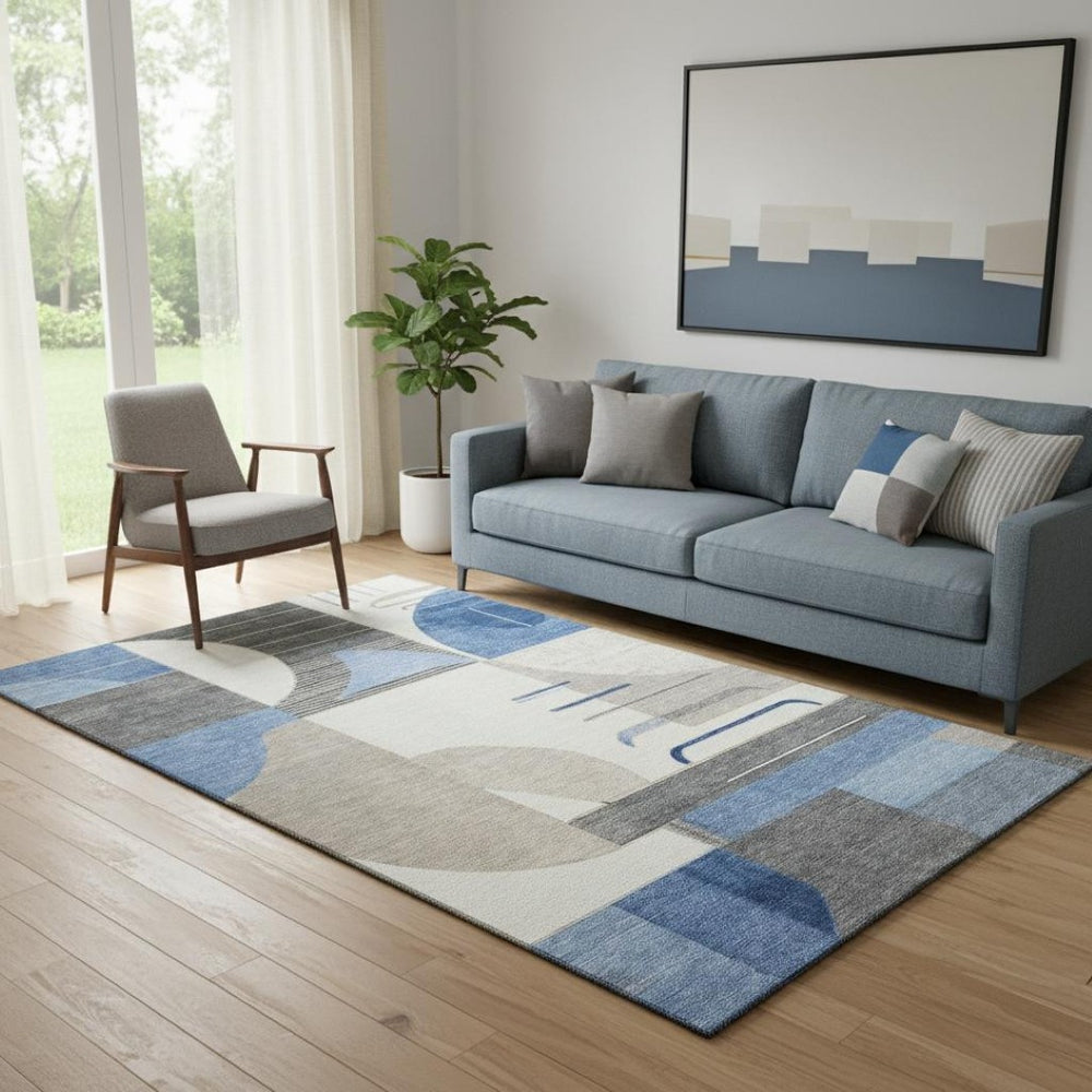 HomeRoots 5' X 8' Stylish Blue Ivory Gray Geometric Washable Area Rug with UV Protection for Modern Homes 697406