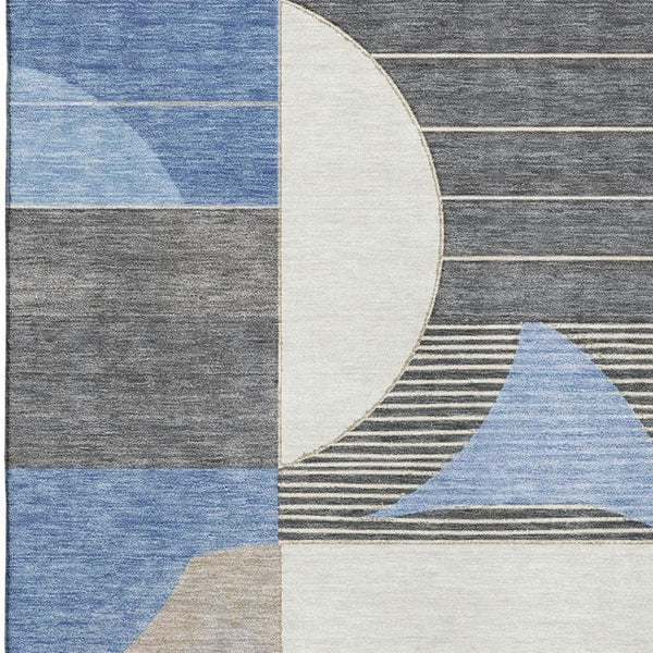 HomeRoots 5' X 8' Stylish Blue Ivory Gray Geometric Washable Area Rug with UV Protection for Modern Homes 697406