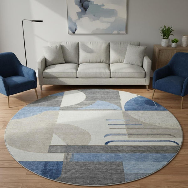 HomeRoots 8' Blue Ivory and Gray Geometric Round Rug - Washable, UV Protected, Perfect for High-Traffic Spaces! 697407