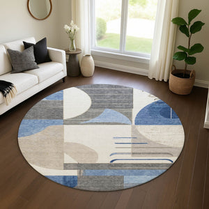HomeRoots 8' Blue Ivory and Gray Geometric Round Rug - Washable, UV Protected, Perfect for High-Traffic Spaces! 697407