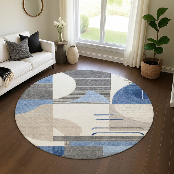 HomeRoots 8' Blue Ivory and Gray Geometric Round Rug - Washable, UV Protected, Perfect for High-Traffic Spaces! 697407