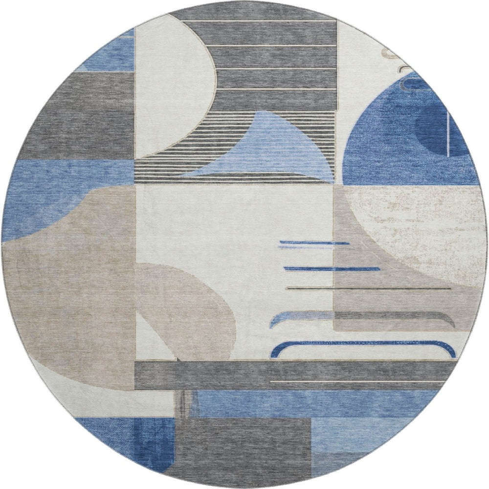 HomeRoots 8' Blue Ivory and Gray Geometric Round Rug - Washable, UV Protected, Perfect for High-Traffic Spaces! 697407