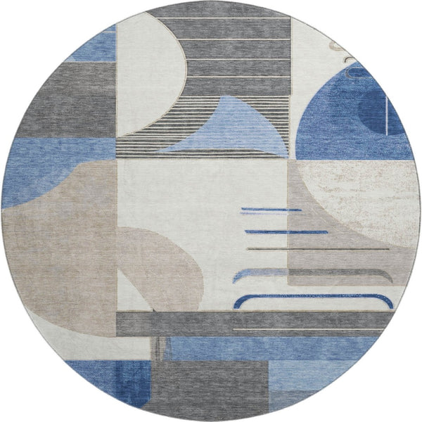 HomeRoots 8' Blue Ivory and Gray Geometric Round Rug - Washable, UV Protected, Perfect for High-Traffic Spaces! 697407