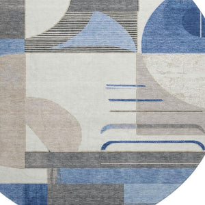 HomeRoots 8' Blue Ivory and Gray Geometric Round Rug - Washable, UV Protected, Perfect for High-Traffic Spaces! 697407