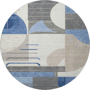 HomeRoots 8' Blue Ivory and Gray Geometric Round Rug - Washable, UV Protected, Perfect for High-Traffic Spaces! 697407