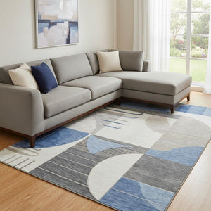 HomeRoots 8' X 10' Washable Geometric Area Rug in Blue, Ivory & Gray – Durable, Stylish, UV Protected Design! 697408