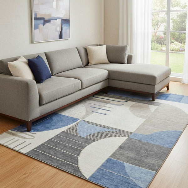 HomeRoots 8' X 10' Washable Geometric Area Rug in Blue, Ivory & Gray – Durable, Stylish, UV Protected Design! 697408