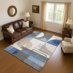 HomeRoots 8' X 10' Washable Geometric Area Rug in Blue, Ivory & Gray – Durable, Stylish, UV Protected Design! 697408