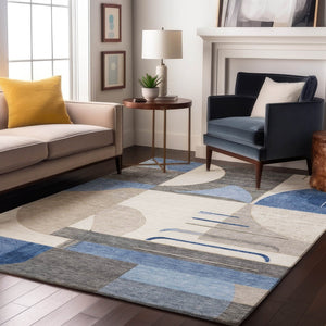 HomeRoots 8' X 10' Washable Geometric Area Rug in Blue, Ivory & Gray – Durable, Stylish, UV Protected Design! 697408