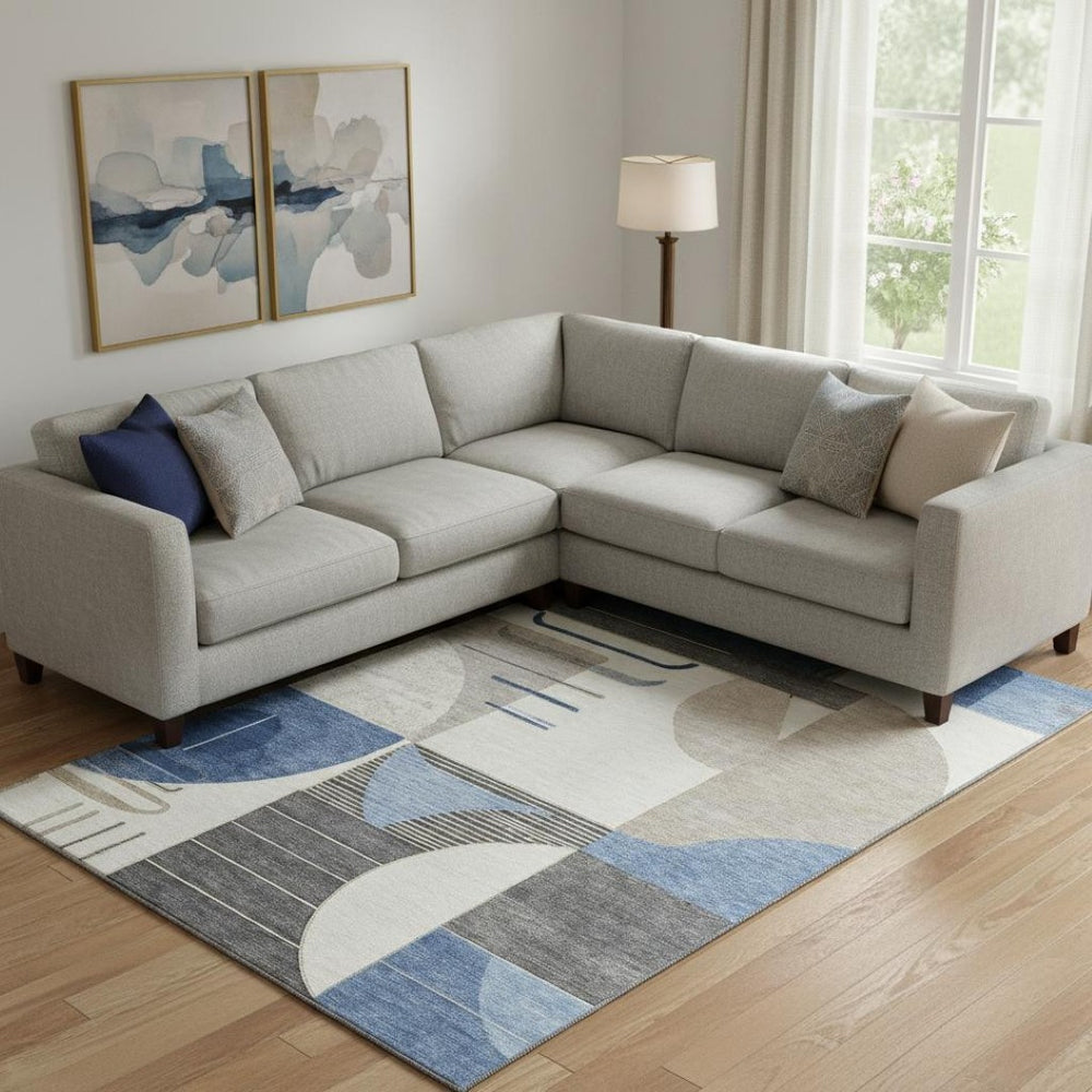 HomeRoots 9' X 12' Geometric Area Rug in Blue, Ivory & Gray - Washable, UV-Protected, Pet-Friendly Design! 697409