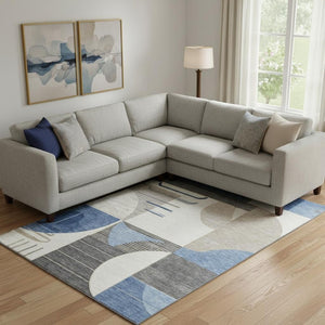 HomeRoots 9' X 12' Geometric Area Rug in Blue, Ivory & Gray - Washable, UV-Protected, Pet-Friendly Design! 697409