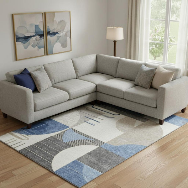 HomeRoots 9' X 12' Geometric Area Rug in Blue, Ivory & Gray - Washable, UV-Protected, Pet-Friendly Design! 697409