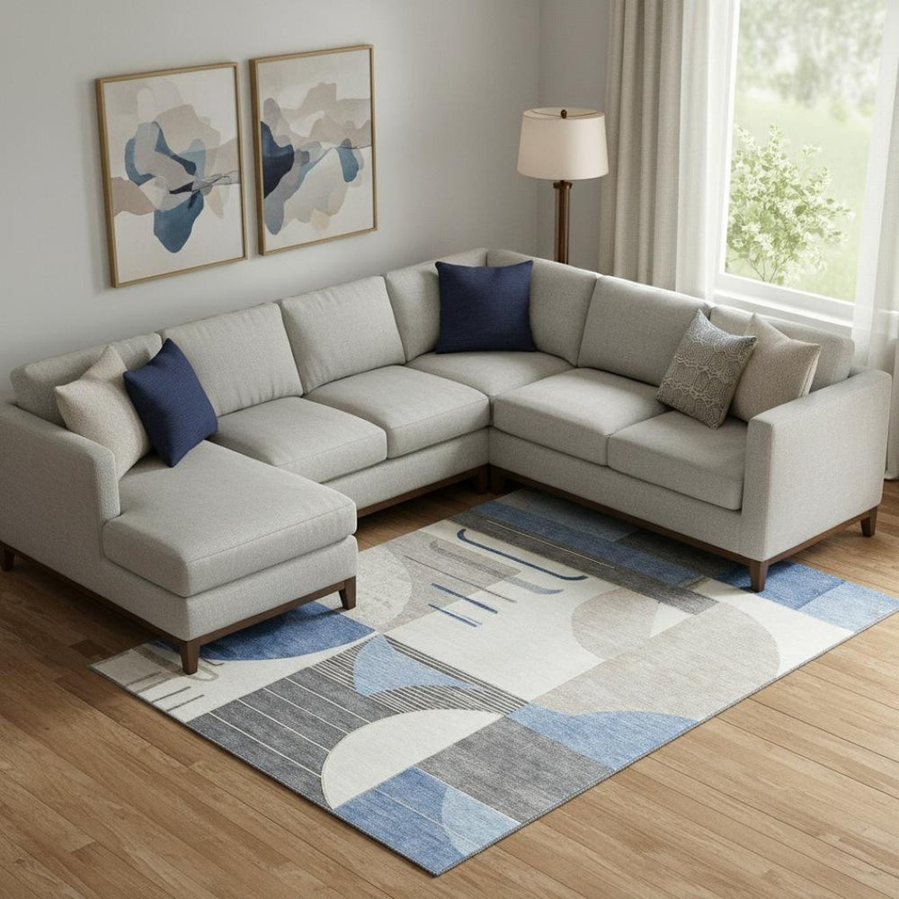 HomeRoots 10' Blue Ivory and Gray Geometric Washable Area Rug - Durable, UV Protected, and Family-Friendly Design 697410