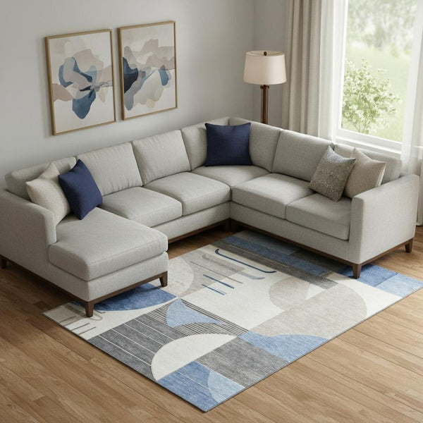 HomeRoots 10' Blue Ivory and Gray Geometric Washable Area Rug - Durable, UV Protected, and Family-Friendly Design 697410