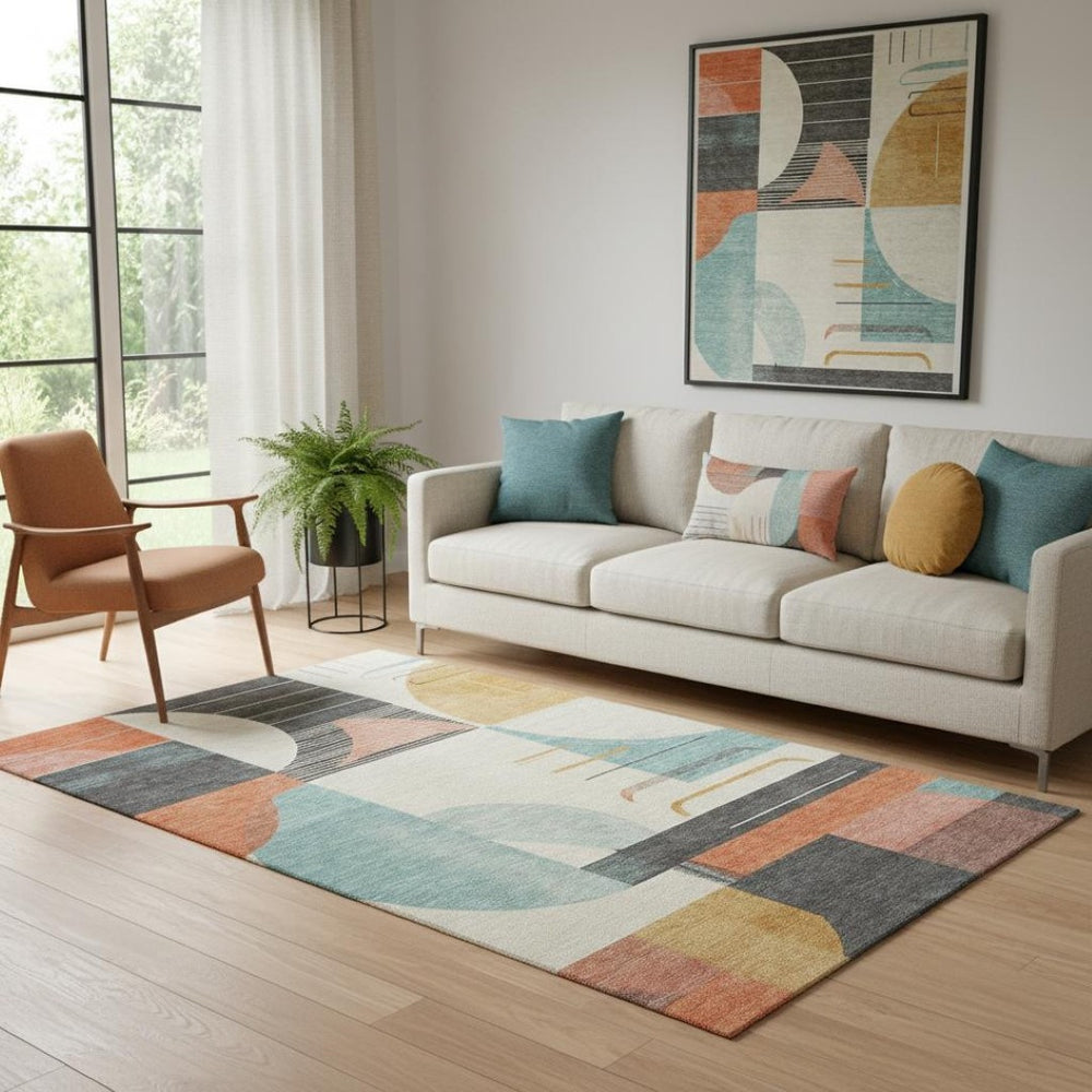 HomeRoots 5' X 8' Gray Blue & Orange Geometric Area Rug - Washable, UV-Protected, Non-Slip for High Traffic Areas 697412