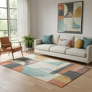 HomeRoots 5' X 8' Gray Blue & Orange Geometric Area Rug - Washable, UV-Protected, Non-Slip for High Traffic Areas 697412