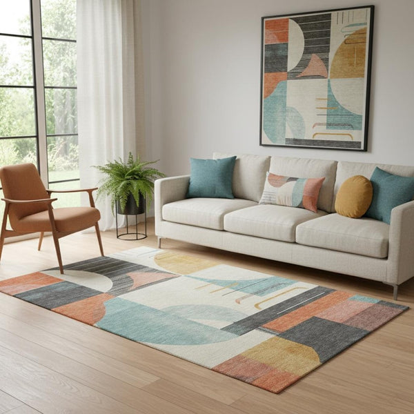 HomeRoots 5' X 8' Gray Blue & Orange Geometric Area Rug - Washable, UV-Protected, Non-Slip for High Traffic Areas 697412