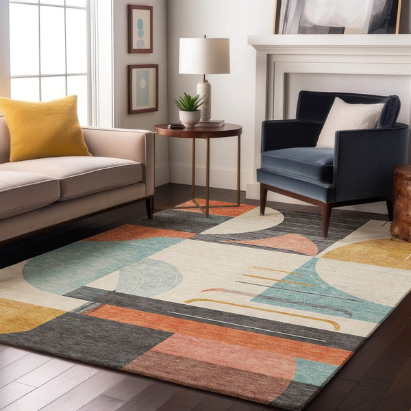 HomeRoots 5' X 8' Gray Blue & Orange Geometric Area Rug - Washable, UV-Protected, Non-Slip for High Traffic Areas 697412