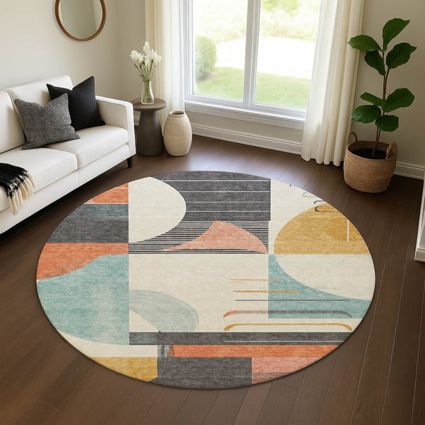 HomeRoots 8' Gray Blue and Orange Geometric Round Rug – Durable, Washable, UV-Protected for Modern Spaces 697413