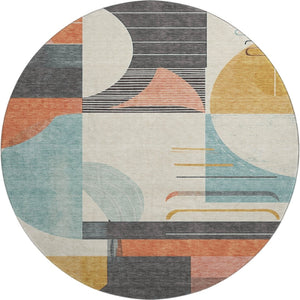 HomeRoots 8' Gray Blue and Orange Geometric Round Rug – Durable, Washable, UV-Protected for Modern Spaces 697413