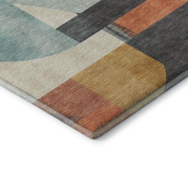 HomeRoots 8' Gray Blue and Orange Geometric Round Rug – Durable, Washable, UV-Protected for Modern Spaces 697413