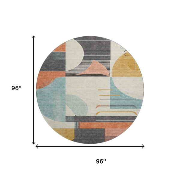HomeRoots 8' Gray Blue and Orange Geometric Round Rug – Durable, Washable, UV-Protected for Modern Spaces 697413