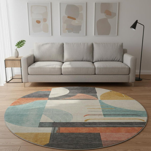 HomeRoots 8' Gray Blue and Orange Geometric Round Rug – Durable, Washable, UV-Protected for Modern Spaces 697413