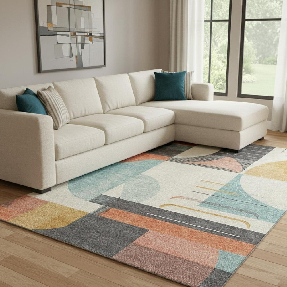 HomeRoots 8' X 10' Stylish Gray Blue & Orange Geometric Washable Area Rug with UV Protection & Non-Slip Backing 697414