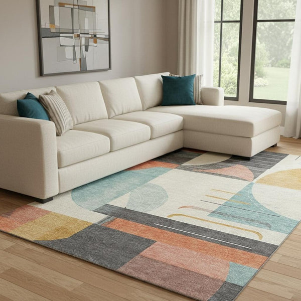 HomeRoots 8' X 10' Stylish Gray Blue & Orange Geometric Washable Area Rug with UV Protection & Non-Slip Backing 697414