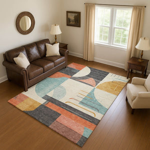 HomeRoots 9' X 12' Bold Gray Blue Orange Geometric Area Rug - Washable, UV Protected, Perfect for Active Homes! 697415