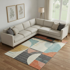 HomeRoots 10' X 14' Gray Blue and Orange Geometric Washable Area Rug with Stain Resistance & UV Protection 697416