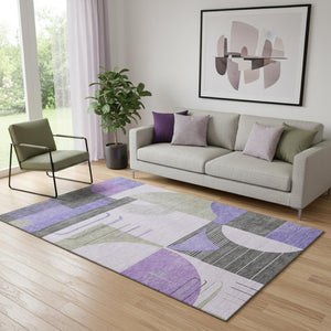 HomeRoots 5' X 8' Modern Lavender Gray & Ivory Geometric Area Rug - Washable, UV Protected, Stain Resistant! 697418