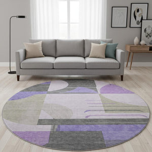 HomeRoots 8' Stylish Lavender Gray & Ivory Geometric Round Rug - Washable, UV Protected, Durable & Soft Comfort 697419